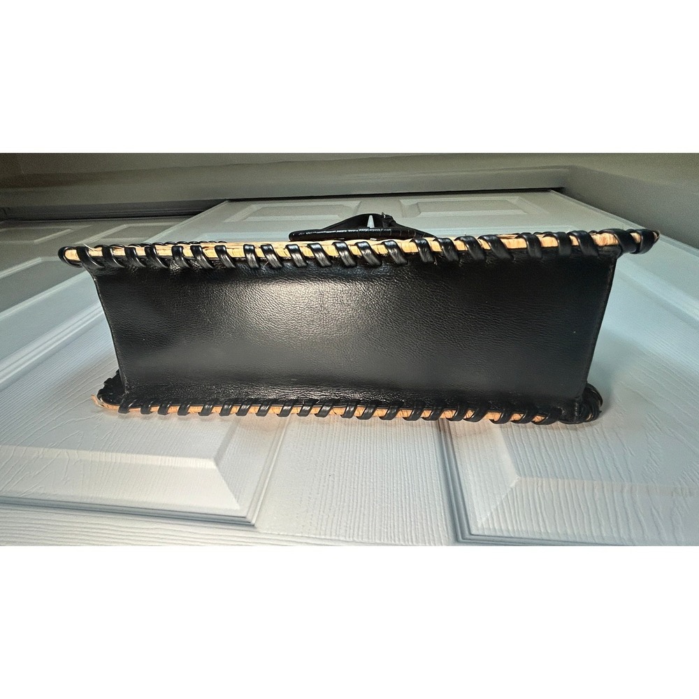 BCBGMAXAZRIA Wicker Whipstitch Woven Straw Top Handle Bag Black Leather Trim - Picture 4 of 9
